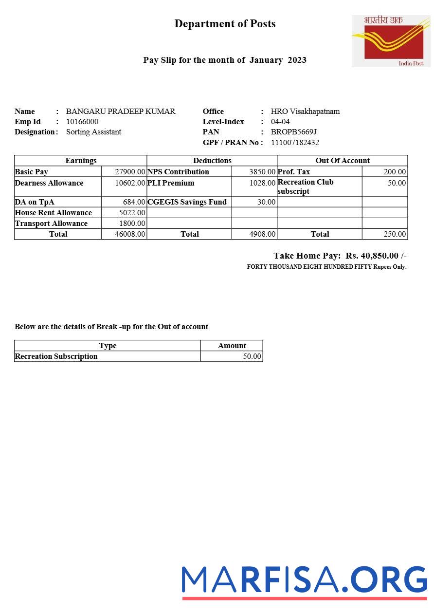 Printable India Post payslip example